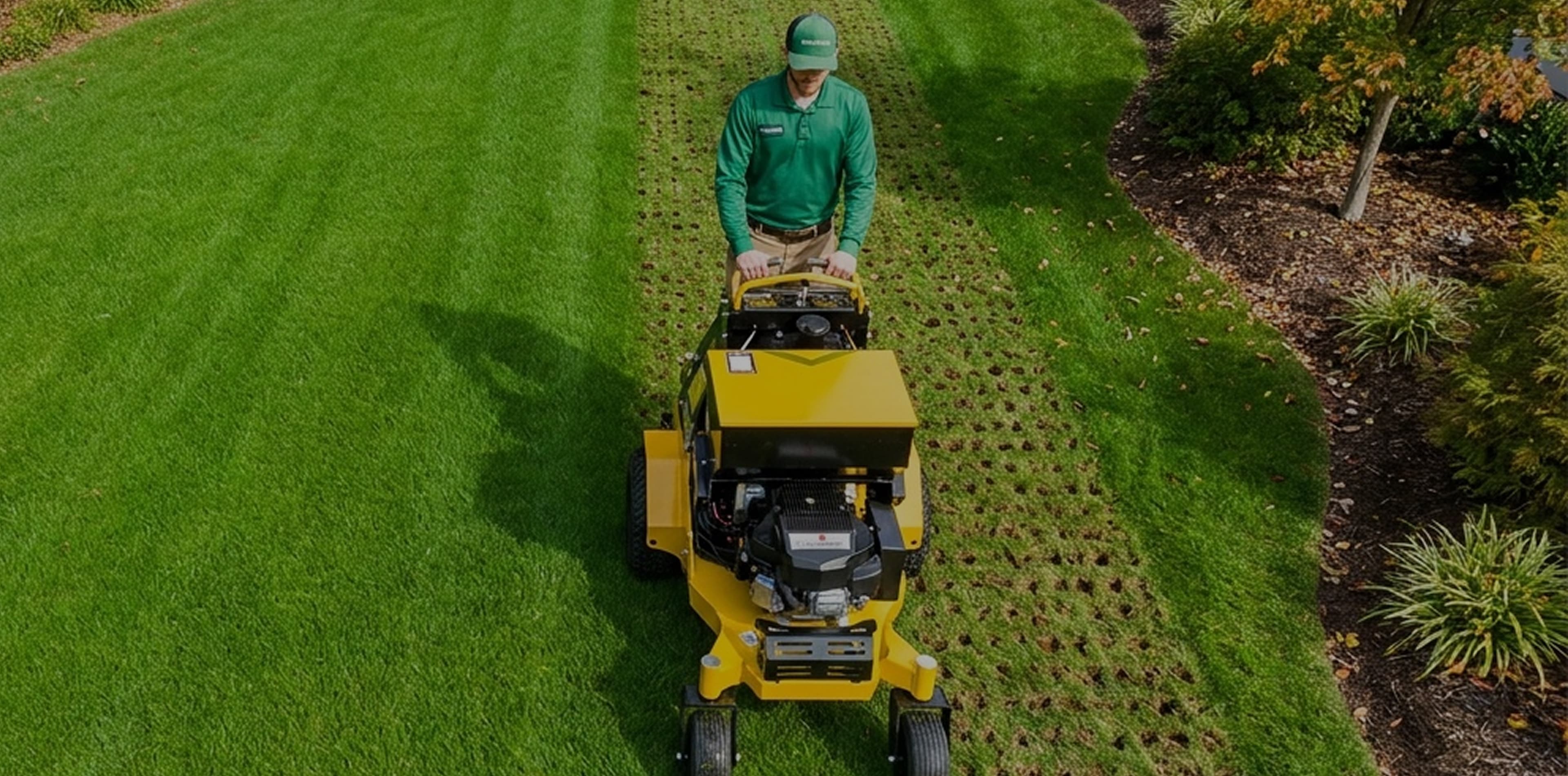 Virginia Green employee aerating and seeding a lawn